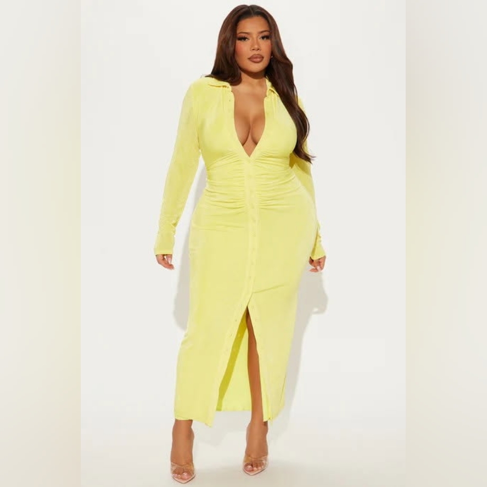 NEW-Long Sleeve Midi Shirt with front Rushen Dress, Size 2x;🔥just 4 you!😉